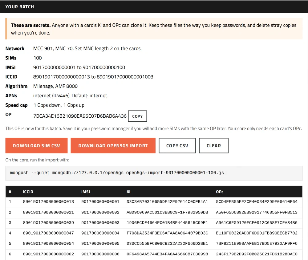 SIM card generator results for 100 SIMs on PLMN 901-70: ICCID, IMSI, Ki and OPc, CSV and Open5GS import downloads, and the one-line mongosh import command